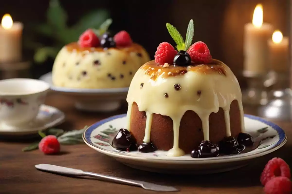 Traditional English steamed pudding on a festive table setting