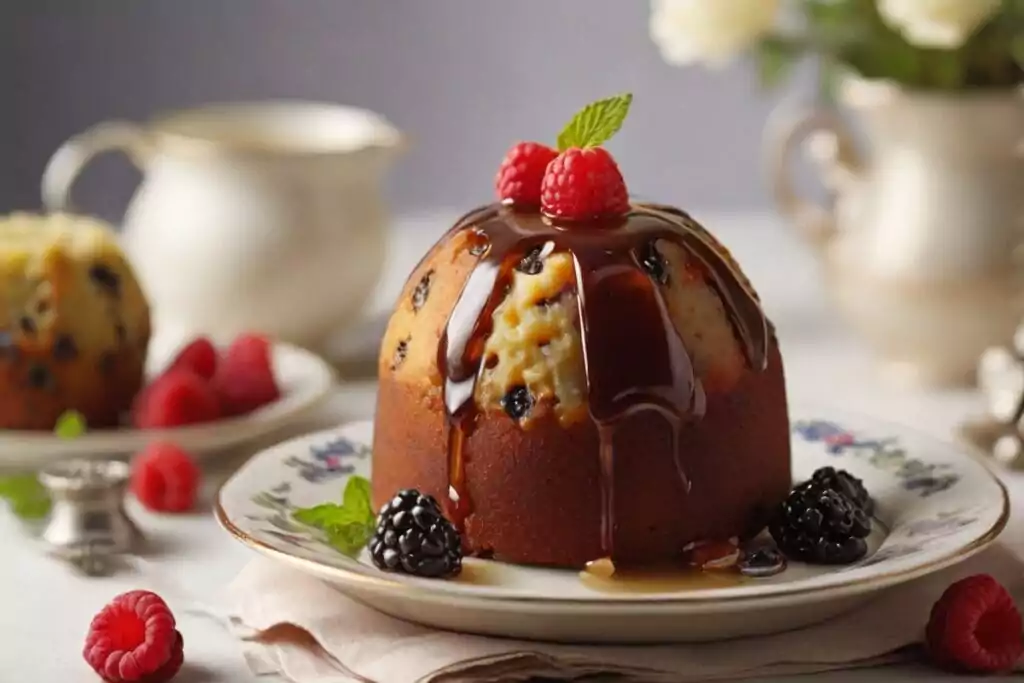 A traditional English steamed pudding served on a classic ceramic plate, garnished with fresh berries and mint.