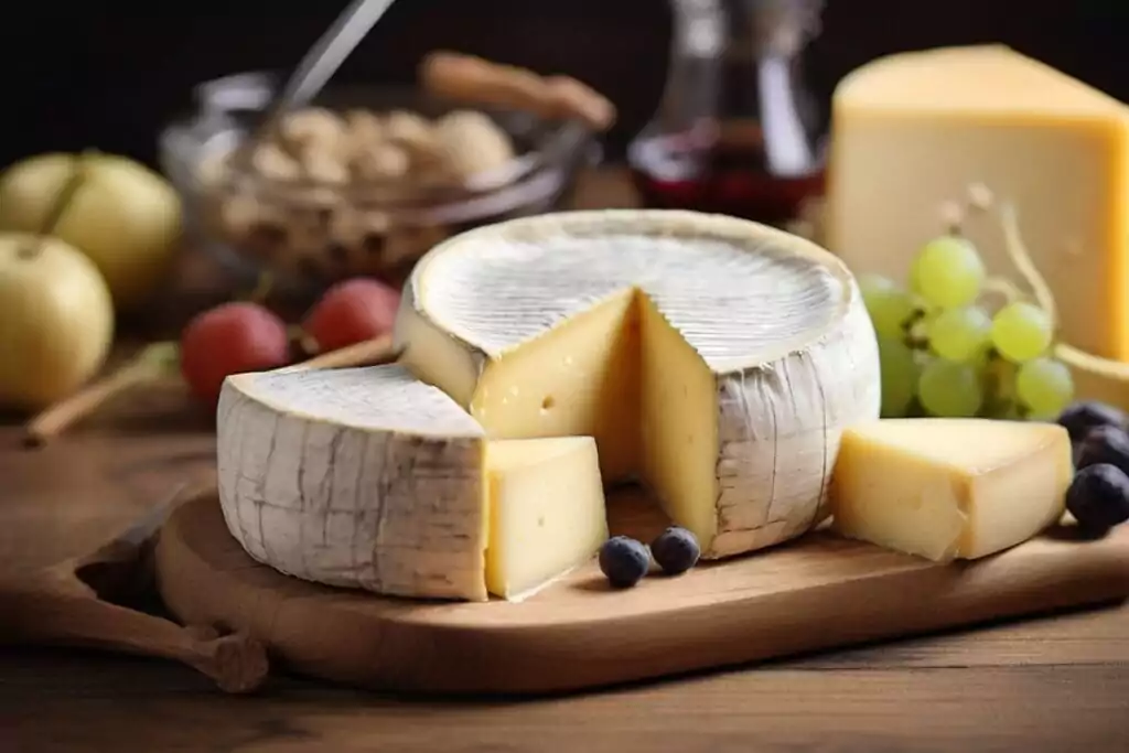 Comparative display of fat-free and full-fat cheese varieties on a wooden board.